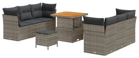 9 Részes Kert Kanapé Szett Párnákkal Szürke Poly Rattan Akác, 3 Részes Kert Étkező Szett Párnákkal Szürke Poly Rattan Akác