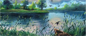 Kép - olajfestmény, Nyári este a tónál (120x50 cm)