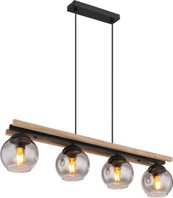 Globo 15569-4HW Függeszték fém fekete matt, fa sötétbarna, üveg füstszínű, kábel PVC fekete, magassága állítható, HxSzxM: 850x150x1200mm, 4x E27 25W 230V izzók nélkül