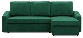 Zeus sarokkanapé, 2 ágyneműtartóval, döntött kartámasz, bársony, univerzális oldal, hab töltet, zöld