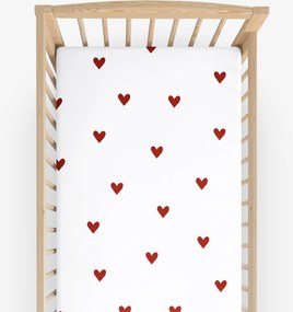 Goldea gyermek gumis pamut lepedő kiságyba - piros szívecskék, fehér alapon 60 x 120 cm