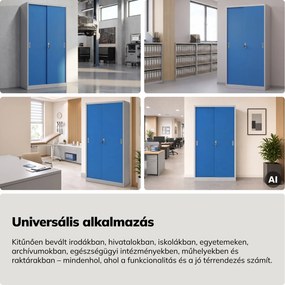 Fém irodai szekrény tolóajtókkal, szürke-kék, 900x1850x400 mm: KUBA