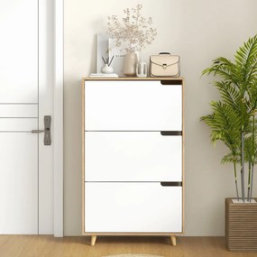 HOMCOM 3-ajtós cipőtároló, állítható polccal, 72 x 24 x 119 cm, Természetes és fehér | Aosom