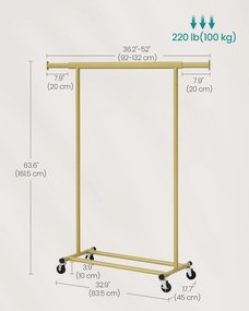 Gurulós ruhatartó állvány, nagy teherbírású 100 kg, 45 x (92–132) x 161,5 cm, világos arany