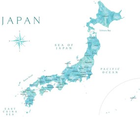 Térkép Map of Japan in aquamarine watercolor, Blursbyai