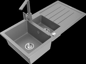 Mexen Andres, gránit mosogató 1000x500x200 mm, 1,5 kamrás, szürke króm szifonnal és szürke Rita mosogató csaptelep, 6515-71-670300-71