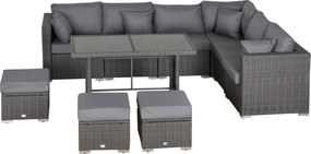 Outsunny 10 Részes Kerti Bútor Szett, Poli Rattan Ülőgarnitúra Kertre és Teraszra, Moduláris Dizájn, Ülő- és Háttámlapárnákkal, Díszpárnákkal, Rozsdaá