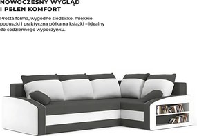 Grande sarokkanapé polcokkal , polc a jobb karfaban, jobboldali, szövet anyag, hab töltet, szürke - fehér