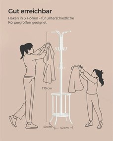 Álló fém ruhafogas, esernyőtartóval, 12 akasztóval, gyöngyházfehér 175 cm magas