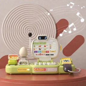 Intelligens pénztárgép gyerekeknek, 77 darabos, szkennerrel, hangvezérléssel, szállítószalaggal, mérleggel és élelmiszerekkel