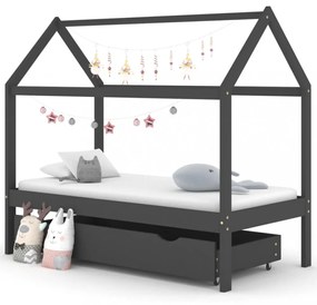 sötétszürke tömör fenyőfa gyerekágykeret fiókkal 80 x 160 cm