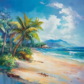Canvas Vászonkép Olaj Egzotikus Tengerpart Óceán Pálmafák Hegyek 40x40