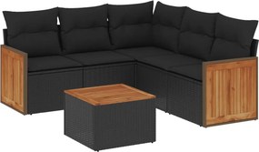 vidaXL 6 részes fekete polyrattan kerti ülőgarnitúra párnákkal