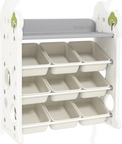 AIYAPLAY Gyermekpolc 4-szintes Játékpolc 9 Kivehető Dobozzal, Polc, Horog, Raktározó Polc Óvodákra és Játszótermekre, 77 x 42 x 94 cm, Törtfehér | Aos