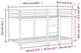 fekete tömör fenyőfa emeletes ágy 90 x 200 cm