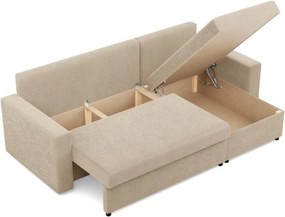 Zeus sarokkanapé, 2 ágyneműtartóval, egyenes kartámasz, kordbársony, univerzális oldal, hab töltet, bézs