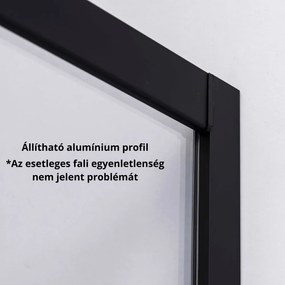 Stuxi Torino Black 120x80 aszimmetrikus szögletes nyílóajtós zuhanykabin 6 mm vízlepergető biztonsági üveggel, matt fekete elemekkel, 200 cm magas