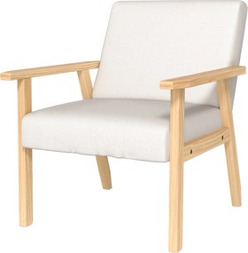 HOMCOM Karosszék Nappali Pihenőszék Tömör Fa Lábbal, Olvasószék Ágynemű Hatású Kárpitozott Szék, Hálószobába és Home Office-ba, Krémfehér | Aosom