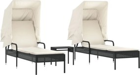 vidaXL 2 db fekete polyrattan napozóágy tetővel és asztallal