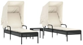 vidaXL 2 db fekete polyrattan napozóágy tetővel és asztallal