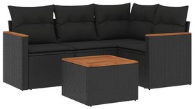 5 részes fekete polyrattan kerti kanapészett párnákkal