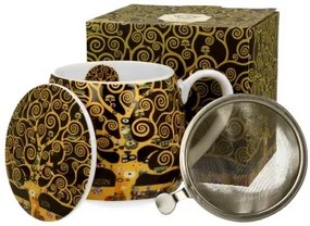 Porcelánbögre tetővel, fémszűrővel, 430ml, dobozban, Klimt: Életfa