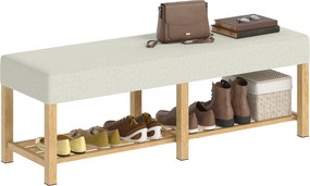 HOMCOM cipőpad — modern előszobabank párnázott ülőhellyel 2 személyre, nyitott cipőpolc, gumi fa váz, előszobába, nappaliba, 140 x 44 x 48 cm | Aosom
