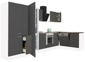 Yorki 370 sarok konyhablokk fehér korpusz,selyemfényű antracit front alsó sütős elemmel polcos szekrénnyel, alulfagyasztós hűtős szekrénnyel