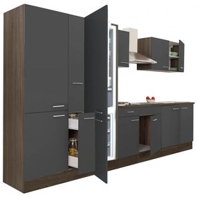 Yorki 360 konyhabútor yorki tölgy korpusz,selyemfényű antracit fronttal polcos szekrénnyel és alulfagyasztós hűtős szekrénnyel