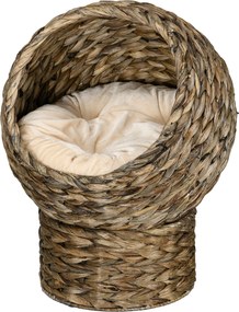 PawHut Rattan Macska Kosár Macska Barlang Macska Kunyhó Macska Ágy Párnával Vízililiom Kávé 42 x 33 x 52 cm | Aosom