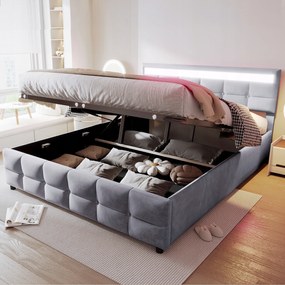 Kárpitozott franciaágy 180*200cm, Led világítás hidraulikus szürke