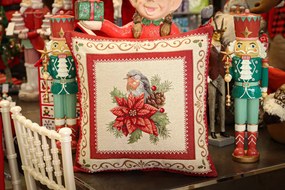 Vörösbegy mikulásvirággal díszpárna huzat, 45 x 45 cm, arany lurex