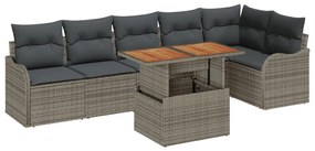 7 darabos kerti kanapé szett párnákkal szürke poly rattan akác, 2 személyes kerti kanapé párnákkal szürke poly rattan