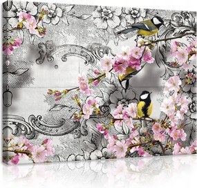 Vászonkép 100x75 Tavasz virágzás madarak cseresznye sakura virágok természet