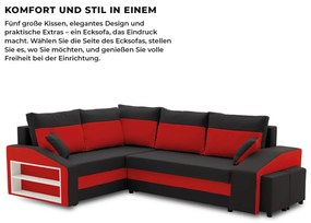 Grande sarokkanapé polcokkal és puffokkal , polc a bal karfaban puffok a jobb karfaban, baloldali, szövet anyag, bonell töltet, fekete - piros