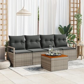 5 részes Kerti Kanapé Készlet párnákkal, Szürke Poli Rattan Akáciával, 2 személyes kerti kanapé párnákkal, Szürke Poli Rattan