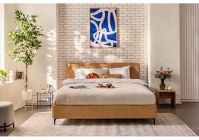 Mustársárga kárpitozott franciaágy matraccal, ágyráccsal 180x200 cm Noira Slim – Bonami Selection