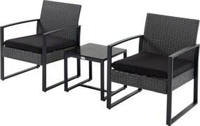 Outsunny 3 részes kültéri kertibútor szett, 2 székkel és rattan asztallal, párnázott párnákkal és üveg felsőrésszel, erkélyre, teraszra, szürke és fek