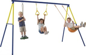 AIYAPLAY 3 az 1-ben gyerekhinta állóhintával és tornagyűrűkkel, A-váz acél, dupla hinták, 150 kg teherbírás, kültéri, 3–8 év, 285 x 160 x 181 cm | Aos