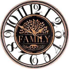 Falióra 60 cm átmérő fa és fém életfa mintával Family felirattal