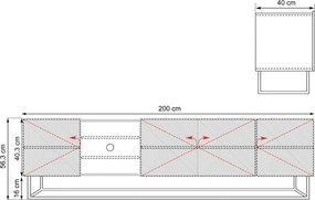 Asha RTV szekrény 200 cm bordázott fülkével és fém vázzal - fekete matt