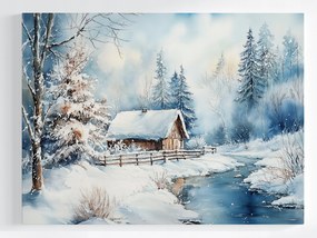 Vászonkép Canvas Tájkép Tél Erdő Ház Folyó Hó 100x75