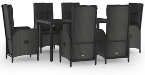 7 részes fekete és szürke polyrattan kerti étkezőszett párnával