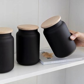 üveg tégelyek fa fedéllel matt fekete 3 db