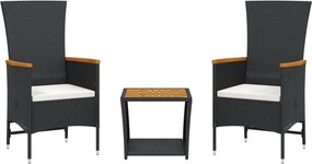 vidaXL 3 részes fekete polyrattan kerti étkezőgarnitúra párnákkal