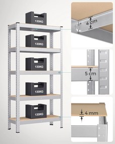 5 szintes polcrendszer, acél polcrendszer tároláshoz, csavarmentes összeszerelés, teherbírás 650 kg, 30 x 75 x 150 cm, ezüst