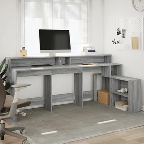 szürke sonoma színű szerelt fa LED-es íróasztal 200x104x91 cm