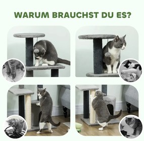 Macska kaparófa 103 cm macskabarlanggal, platformokkal, szizál kaparófákkal, szürke