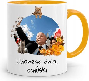 Sárga Vicces Bögre Jaroslaw Kaczynski felirattal, fényképpel