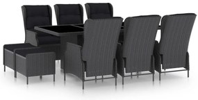 vidaXL 9 részes sötétszürke polyrattan kültéri étkezőszett párnákkal